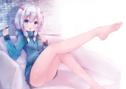 Rule 34 | 10s, 1girl, ass, bare legs, barefoot, blue eyes, blush, bow, commentary request, couch, eromanga sensei, feet, hair bow, highres, izumi sagiri, jacket, long hair, looking at viewer, open mouth, pink bow, shiny skin, silver hair, sitting, solo, stylus, toes, twiska (doubitian)