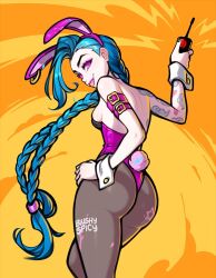 Rule 34 | 1girl, ass, bare shoulders, blue hair, blushyspicy, braid, highres, holding, jinx (league of legends), league of legends, long hair, looking at viewer, looking back, smile, solo, tattoo, twin braids, twintails, weapon