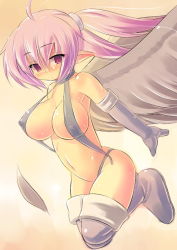Rule 34 | 1girl, ahoge, black angel (elona), blush, boots, breasts, elbow gloves, elona, gloves, kourourin, large breasts, pink eyes, pink hair, slingshot swimsuit, solo, swimsuit, thighhighs, twintails, wings