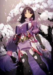 Rule 34 | 1girl, absurdres, armor, black gloves, blush, bodysuit, breasts, cherry blossoms, covered navel, elbow gloves, eyebrows, fate/grand order, fate (series), fingerless gloves, gloves, highres, japanese armor, kote, large breasts, loincloth, long hair, looking at viewer, low-tied long hair, minamoto no raikou (fate), outdoors, parted bangs, purple bodysuit, purple eyes, purple hair, pyz (cath x tech), ribbed sleeves, rope, signature, smile, solo, suneate, tabard, tassel, tree, turtleneck, very long hair