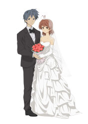 Rule 34 | 1boy, 1girl, absurdres, antenna hair, bare shoulders, black bow, black bowtie, black suit, blue eyes, blue hair, bouquet, bow, bowtie, breasts, bridal veil, bride, brown eyes, brown hair, chinese commentary, clannad, cleavage, closed mouth, collarbone, collared shirt, commentary request, couple, dress, elbow gloves, flower, formal, full body, furukawa nagisa, gloves, groom, hetero, highres, holding hands, jewelry, light blush, lipstick, long dress, long sleeves, looking at viewer, makeup, medium breasts, medium hair, mogege gk, okazaki tomoya, red flower, red rose, ring, rose, shirt, short hair, simple background, standing, strapless, strapless dress, suit, veil, wedding, wedding dress, wedding ring, white background, white dress, white gloves, white shirt