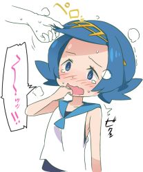 Rule 34 | 1girl, bare shoulders, blue eyes, blue hair, blue one-piece swimsuit, blue sailor collar, blush, creatures (company), disembodied hand, embarrassed, female focus, game freak, hand to own mouth, hand up, ixy, lana (pokemon), matching hair/eyes, nintendo, nose blush, one-piece swimsuit, open mouth, pokemon, pokemon sm, sailor collar, shirt, simple background, sleeveless, sleeveless shirt, solo, speech bubble, steam, sweat, swimsuit, swimsuit under clothes, tears, translation request, upper body, wavy mouth, white background, white shirt
