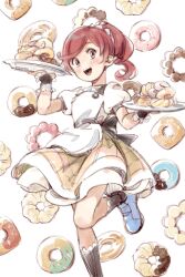 Rule 34 | 1girl, apron, black socks, blue footwear, blush, brown dress, doughnut, dress, food, food-themed background, foot out of frame, highres, holding, holding tray, idolmaster, idolmaster cinderella girls, imay3927, kneehighs, looking at viewer, medium hair, open mouth, pile, ponytail, puffy short sleeves, puffy sleeves, red hair, ringlets, shiina noriko, shoes, short sleeves, smile, socks, solo, standing, standing on one leg, swept bangs, tray, waitress, white apron, white background, wrist cuffs