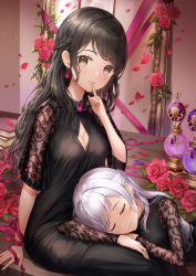 Rule 34 | 2girls, arm support, black dress, black hair, blush, book, book stack, braid, breasts, brown eyes, cleavage, cleavage cutout, closed mouth, clothing cutout, dress, earrings, finger to mouth, flower, hand up, highres, indoors, jewelry, lap pillow, long hair, long sleeves, looking at viewer, lunacle, lying, medium breasts, multiple girls, on side, original, petals, red flower, red rose, rose, rose petals, see-through, short sleeves, shushing, silver hair, sitting, smile, very long hair, wooden floor