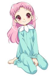 Rule 34 | 1girl, alternate hairstyle, bad id, bad pixiv id, barefoot, bishoujo senshi sailor moon, chibi usa, earrings, frilled sleeves, frills, full body, hair down, jewelry, long hair, official alternate costume, pajamas, parted bangs, pink eyes, pink hair, sitting, solo, stud earrings, v arms, wariza, white background, yupachi