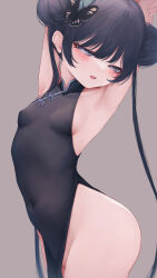 Rule 34 | 1girl, absurdres, armpits, arms up, bare hips, black dress, black hair, blue archive, breasts, china dress, chinese clothes, covered navel, cowboy shot, double bun, dress, grey background, grey eyes, hair bun, half-closed eyes, highres, kisaki (blue archive), long hair, looking at viewer, no panties, open mouth, pelvic curtain, simple background, sleeveless, sleeveless dress, small breasts, solo, twintails, very long hair, wakaba (945599620)