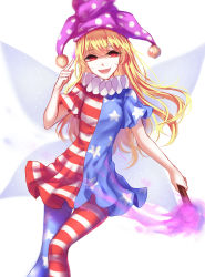Rule 34 | 1girl, american flag dress, american flag legwear, bad id, bad pixiv id, blonde hair, clownpiece, dress, fairy wings, fire, hair between eyes, hat, head tilt, highres, holding, index finger raised, jester cap, long hair, looking at viewer, neck ruff, pantyhose, polka dot, red eyes, sheya, short sleeves, simple background, smile, solo, star (symbol), star print, striped clothes, striped pantyhose, torch, touhou, white background, wings