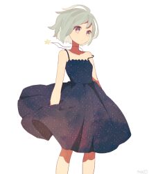 Rule 34 | 1girl, arms at sides, black dress, closed mouth, dress, eyelashes, feet out of frame, grey background, grey hair, jewelry, looking ahead, maco22, necklace, original, print dress, purple eyes, short hair, simple background, solo, star (symbol), star necklace, star print, wind