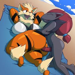 Rule 34 | 1boy, 1girl, absurdres, arcanine, ass, beach, breasts, closed eyes, creatures (company), fang, furry, furry female, furry male, furry with furry, game freak, gen 1 pokemon, gen 5 pokemon, grey fur, hetero, highres, huge breasts, legs, long hair, nintendo, open mouth, orange fur, penis, plagalurks, pokemon, pokemon (creature), ponytail, red hair, sand, sex, testicles, thick thighs, thighs, very long hair, zoroark