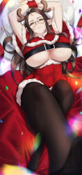 Rule 34 | 1girl, antlers, arms up, belt, black belt, black pantyhose, blueorca, blurry, blurry foreground, bound, bound wrists, breasts, brown hair, capelet, chest belt, christmas, cleavage, confetti, crop top, elf, feet, foot up, fur-trimmed capelet, fur-trimmed skirt, fur trim, glasses, green eyes, high-waist skirt, highres, horns, huge breasts, leg up, legs, long hair, looking at viewer, lying, mole, mole on arm, mole on breast, mole under mouth, on back, on bed, original, pantyhose, parted bangs, pillow, pointy ears, red capelet, red ribbon, red skirt, ribbon, round eyewear, skirt, smile, solo, underboob