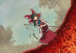 Rule 34 | 1girl, absurdres, bare shoulders, black hair, blue neckwear, bow, detached sleeves, flower, frilled bow, frills, gensokyo, gohei, hair bow, hair tubes, hakurei reimu, highres, japanese clothes, looking at viewer, medium hair, miko, neruzou, outdoors, petals, red bow, red flower, ribbon-trimmed sleeves, ribbon trim, sidelocks, sky, smile, solo, spider lily, touhou, tree