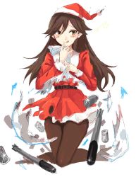 Rule 34 | 1girl, :q, alternate costume, arashio (kancolle), black pantyhose, brown hair, christmas, depth charge, dress, hagioshi, hat, highres, holding, holding sack, kantai collection, kneeling, long hair, long sleeves, pantyhose, red dress, sack, santa costume, santa hat, simple background, sketch, sparkle, star (symbol), tongue, tongue out, torn sack, torpedo, white background, yellow eyes
