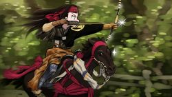 Rule 34 | 1girl, aiming, archery, arrow (projectile), belt, black belt, black shirt, bow (weapon), brown eyes, brown gloves, brown hair, brown skirt, commentary, day, drawing bow, girls und panzer, gloves, headband, holding, holding arrow, holding bow (weapon), holding weapon, horse, horseback riding, long hair, long sleeves, motion blur, one-hour drawing challenge, outdoors, r-ex, red headband, riding, saemonza (girls und panzer), shirt, skirt, solo, sparkle, weapon, wind