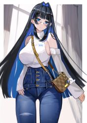Rule 34 | alternate costume, bag, black hair, blue eyes, blue hair, blush, boros (ouro kronii), breasts, buttons, curtains, curvy, denim, detached sleeves, ear piercing, glasses, hand on own hip, handbag, highres, hololive, hololive english, jeans, large breasts, long hair, looking down, multicolored hair, official alternate costume, ouro kronii, pants, piercing, soradally, thighs, two-tone hair, very long hair, virtual youtuber, window