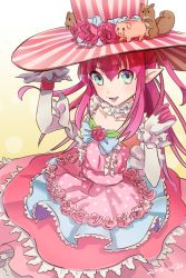 Rule 34 | 10s, 1girl, 2016, alternate costume, bad id, bad twitter id, blue eyes, bow, claws, collar, dated, dress, elbow gloves, elizabeth bathory (fate), elizabeth bathory (fate/extra ccc), elizabeth bathory (third ascension) (fate), fate/extra, fate/extra ccc, fate/grand order, fate (series), flower, frilled collar, frilled dress, frills, gloves, gradient background, hand on headwear, hat, hat flower, hat ornament, hinatsu, large hat, layered dress, lolita fashion, long hair, looking at viewer, multicolored clothes, multicolored dress, nail polish, open mouth, pig, pink dress, pink flower, pink hair, pink hat, pink nails, pink rose, pointy ears, polka dot, polka dot dress, ribbon, rose, sidelocks, sleeveless, sleeveless dress, smile, solo, squirrel, striped clothes, striped headwear, top hat, vertical-striped clothes, vertical-striped headwear, wrist cuffs, yellow background