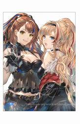 2girls absurdres asymmetrical_bangs beatrix_(granblue_fantasy) black_gloves black_jacket black_pants black_shirt blonde_hair blue_eyes blue_hair bow braid breast_press breasts brown_hair commentary_request earclip earrings facing_another from_behind gloves granblue_fantasy green_eyes grin hair_bow hair_intakes hairband heart hibana_(hibana_ztlv) highres jacket jewelry looking_at_viewer medium_breasts midriff multicolored_hair multiple_girls off_shoulder open_mouth pants ponytail red_hair red_jacket shirt simple_background smile symmetrical_docking teeth two-tone_hair upper_teeth_only white_background zeta_(granblue_fantasy)