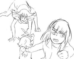 Rule 34 | all fours, artist request, copyright request, greyscale, holding another&#039;s arm, kill la kill, kiryuuin ragyou, kiryuuin satsuki, lowres, matoi ryuuko, monochrome, reaching towards another, running, scared, siblings, sisters, sketch, thick eyebrows