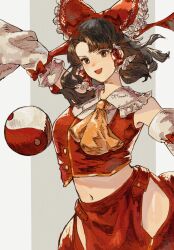 1girl :d absurdres adapted_costume ascot bare_shoulders bow breasts brown_eyes brown_hair collared_shirt commentary cowboy_shot crop_top detached_sleeves frilled_bow frilled_hair_tubes frilled_shirt_collar frills hair_bow hair_tubes hakurei_reimu highres hip_vent long_sleeves looking_at_viewer medium_breasts midriff navel oftooon open_mouth orb red_bow red_shirt red_sleeves shirt sleeveless sleeveless_shirt smile solo touhou white_sleeves wide_sleeves yellow_ascot yin_yang yin_yang_orb