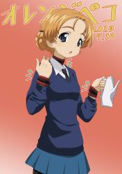 Rule 34 | 1girl, text background, black necktie, black pantyhose, blue eyes, blue skirt, blue sweater, bracelet, braid, character name, commentary, cowboy shot, dated, dress shirt, girls und panzer, highres, holding, holding teapot, jewelry, long sleeves, looking at viewer, miniskirt, nao (nao puku777), neck ring, necktie, notice lines, open mouth, orange hair, orange pekoe (girls und panzer), pantyhose, parted bangs, pleated skirt, red background, school uniform, shirt, short hair, skirt, solo, st. gloriana&#039;s school uniform, standing, sweater, teapot, translated, v-neck, white shirt, wing collar