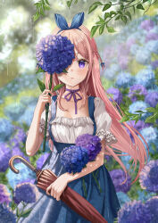 Rule 34 | 1girl, absurdres, blue dress, blue flower, blue ribbon, blurry, blurry background, breasts, check flower, collarbone, dress, flower, hair ribbon, highres, holding, holding flower, holding umbrella, hydrangea, long hair, looking at viewer, neck ribbon, original, outdoors, pinafore dress, purple eyes, purple flower, purple ribbon, rain, ribbon, shirt, silvertsuki, sleeveless dress, small breasts, solo, tears, umbrella, white shirt