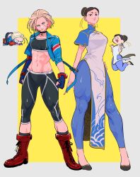 Rule 34 | abs, blonde hair, blue eyes, breasts, brown hair, cammy white, capcom, caxqov, chibi, chun-li, cropped jacket, earrings, fingerless gloves, gloves, hair bun, highres, jacket, jewelry, jumping, large breasts, long hair, long sleeves, medium breasts, muscular, muscular female, pants, pelvic curtain, scar, scar on face, short hair, short sleeves, squatting, street fighter, street fighter 6