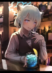 Rule 34 | 1girl, absurdres, alternate costume, animal ear fluff, animal ears, bar (place), bartender, black bow, black bowtie, black vest, blue archive, blush, bottle, bow, bowtie, coaster, collared shirt, cup, extra ears, food, fruit, green hair, halo, hand on own chest, highres, holding, holding cup, ice, ice cube, indoors, lemon, lemon slice, letterboxed, long sleeves, looking at viewer, parted lips, purple eyes, purple nails, shigure (blue archive), shirt, shitsugaikotsu, short ponytail, sidelocks, solo, star (symbol), star in eye, symbol in eye, teeth, upper teeth only, vest, weasel ears, white shirt