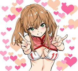 Rule 34 | 1girl, \n/, alternate hairstyle, azusagawa tsukino, bikini, blush, breasts, commentary request, green eyes, grin, hair between eyes, hand gesture, hassystants, head tilt, heart, heart background, highres, index finger raised, long hair, looking at viewer, medium breasts, sketch, smile, solo, swimsuit, twintails, upper body, white background, white bikini, yakitate!! japan