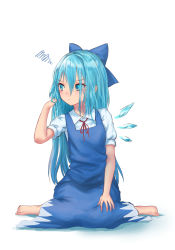 Rule 34 | 1girl, alternate hair length, alternate hairstyle, barefoot, blue bow, blue dress, blue eyes, blue hair, blush, bow, cirno, commentary request, dress, full body, hair between eyes, hair bow, hand in own hair, hand up, highres, ice, ice wings, long hair, looking to the side, neck ribbon, pinafore dress, puffy short sleeves, puffy sleeves, red ribbon, ribbon, roke (taikodon), shadow, shirt, short sleeves, simple background, sitting, sleeveless dress, solo, squiggle, touhou, wariza, white background, white shirt, wings