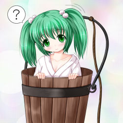 Rule 34 | 1girl, blush, breasts, bucket, cleavage, collarbone, female focus, green eyes, green hair, hair bobbles, hair ornament, in bucket, in container, kisume, matching hair/eyes, riku (rikkuru), rope, short hair, smile, solo, speech bubble, touhou, twintails