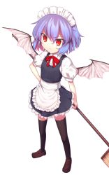 Rule 34 | 1girl, alternate costume, apron, bat wings, black thighhighs, broom, enmaided, female focus, hand on own hip, kaiza (rider000), maid, maid apron, maid headdress, purple hair, red eyes, remilia scarlet, short hair, simple background, solo, thighhighs, touhou, waist apron, wings