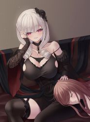 Rule 34 | 2girls, absurdres, azur lane, bare shoulders, black dress, black legwear, blush, braid, breasts, brown hair, cleavage, closed eyes, collarbone, couch, dress, drill hair, drill sidelocks, heart, heart-shaped pupils, highres, jewelry, long hair, looking at another, luetzow (azur lane), luetzow (everlasting blood banquet) (azur lane), medium breasts, multiple girls, necklace, official alternate costume, open mouth, purple eyes, side braid, sidelocks, simple background, sitting, smirk, symbol-shaped pupils, syu.mu, thighhighs, white hair