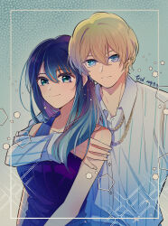 1boy 1girl aqua_hair blonde_hair blue_dress blue_eyes blue_hair blush chain chain_necklace closed_mouth collared_shirt couple dated dress dress_shirt ear_piercing english_text enidzyx gradient_hair green_eyes hair_between_eyes hetero highres hoshino_aquamarine jewelry kurokawa_akane long_hair looking_at_viewer multicolored_hair necklace oshi_no_ko pearl_necklace piercing purple_dress purple_hair shirt smile star_(symbol) star_in_eye symbol_in_eye upper_body