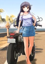 Rule 34 | 1girl, aaoi, ahoge, alternate costume, black hair, blue shorts, blue sky, brown eyes, cloud, day, denim, denim shorts, feet out of frame, hand on own hip, highres, kantai collection, legs, long hair, looking at viewer, motor vehicle, motorcycle, outdoors, photo background, shirt, shorts, sky, smile, solo, standing, ushio (kancolle), white shirt