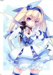 Rule 34 | 1girl, absurdres, blonde hair, bloomers, blue eyes, bow, dagger, dress, hairband, heart, highres, hirano katsuyuki, knife, long hair, looking at viewer, original, puffy sleeves, skindentation, solo, thighhighs, twintails, underwear, weapon, white dress