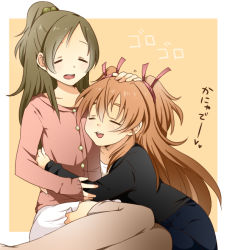 Rule 34 | 10s, 2girls, bad id, bad pixiv id, brown hair, half updo, hand on another&#039;s head, headpat, houjou hibiki, hug, minamino kanade, multiple girls, open mouth, orange background, precure, sao (0060), smile, suite precure, translation request, two side up