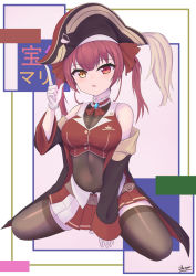 Rule 34 | 1girl, absurdres, arrow (projectile), arrow through heart, bare shoulders, between legs, bicorne, black hat, black jacket, blouse, bodystocking, breasts, brown eyes, brown thighhighs, cleavage, commentary request, covered navel, crop top, full body, gloves, hair ribbon, hand between legs, hand up, hat, heart, heterochromia, highres, hololive, houshou marine, index finger raised, jacket, leotard, leotard under clothes, long sleeves, medium breasts, off shoulder, open clothes, open jacket, pirate hat, pleated skirt, red eyes, red hair, red neckwear, red ribbon, red shirt, red skirt, ribbon, sato art, see-through, see-through cleavage, see-through leotard, shirt, signature, sitting, skirt, sleeveless, sleeveless shirt, sleeves past wrists, solo, thighhighs, twintails, virtual youtuber, wariza, white gloves