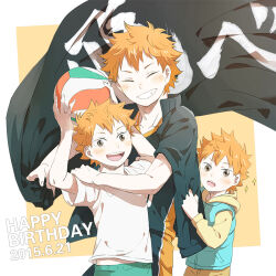 Rule 34 | 1boy, aged down, ball, black cape, black jacket, blush, brown eyes, cape, closed eyes, clutching clothes, haikyuu!!, hand on another&#039;s shoulder, happy birthday, hinata shouyou, holding, holding ball, holding cape, holding clothes, jacket, kuga 669, long sleeves, open mouth, red hair, shirt, short hair, short sleeves, smile, teeth, tongue, variations, white shirt