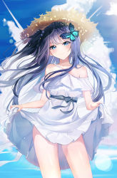 Rule 34 | 1girl, absurdres, bare arms, bare shoulders, black ribbon, blue eyes, blue hair, blurry, bokeh, breasts, butterfly hair ornament, closed mouth, cloud, collarbone, commentary request, contrapposto, depth of field, dot nose, dress, frilled dress, frills, hair ornament, hat, highres, holding, legs apart, lifting own clothes, long hair, looking at viewer, off-shoulder dress, off shoulder, original, outdoors, ribbon, rosu 1109, shiny skin, side ponytail, sky, small breasts, smile, solo, standing, straw hat, sundress, thighs, white dress