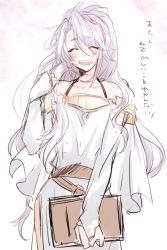 Rule 34 | 1girl, :d, blush, book, capelet, closed eyes, dress, fire emblem, fire emblem: genealogy of the holy war, hair ornament, hand up, holding, holding book, long hair, nintendo, open mouth, purple hair, simple background, smile, snow181575, solo, tailtiu (fire emblem), white dress