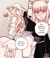 Rule 34 | 1boy, 1girl, artist name, ass, blonde hair, blush, brother and sister, cape, comic, commentary, double bun, dress, english commentary, english text, fingering, fingering from behind, hair bun, hetero, highres, hime takamura, incest, kayldrin teravathinia, long hair, original, panties, panty pull, purple eyes, pussy, pussy juice, siblings, strapless, strapless dress, thyra teravathinia, twincest, twins, uncensored, underwear, watermark, wavy hair, white dress