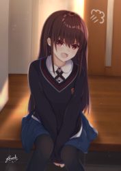 Rule 34 | 1girl, :d, absurdres, bee doushi, black pantyhose, black sweater, blue skirt, blurry, blurry background, blush, braid, brown hair, collared shirt, commentary request, cross tie, depth of field, fang, hair between eyes, highres, indoors, long hair, long sleeves, looking at viewer, open mouth, original, pantyhose, pleated skirt, red eyes, shirt, sidelocks, signature, sitting, skirt, sleeves past wrists, smile, solo, sweater, twin braids, v-shaped eyebrows, very long hair, white shirt