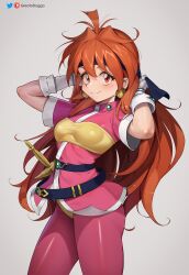 Rule 34 | 1girl, artist name, belt, black headband, blush, bodysuit, breasts, earrings, fang, gloves, greatodoggo, headband, highres, jewelry, lina inverse, long hair, looking at viewer, orange hair, patreon logo, red eyes, short sleeves, skin fang, skin tight, slayers, small breasts, smile, solo, twitter logo