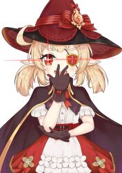 Rule 34 | 1girl, :d, absurdres, ahoge, black cape, black gloves, black hat, blonde hair, bow, cape, cosplay, eyepatch, feiyyx, genshin impact, gloves, hand to own mouth, hat, hat bow, highres, klee (genshin impact), kono subarashii sekai ni shukufuku wo!, looking at viewer, low twintails, megumin, megumin (cosplay), open mouth, pointy ears, puffy short sleeves, puffy sleeves, red bow, red eyes, red hat, red skirt, round teeth, shirt, short sleeves, simple background, skirt, smile, solo, striped, striped bow, teeth, thick eyebrows, twintails, upper teeth only, v-shaped eyebrows, white background, white shirt, witch hat