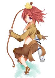 Rule 34 | 1girl, animal, animal on head, bird, bird on head, bow (weapon), bra, brown footwear, brown gloves, brown jacket, brown shorts, commentary, full body, gloves, highres, holding, holding bow (weapon), holding weapon, jacket, kurohachiboku, long sleeves, looking back, on head, open mouth, purple eyes, ragnarok online, red hair, shoes, short hair, shorts, shrug (clothing), simple background, solo, thief (ragnarok online), underwear, weapon, white background, white bra