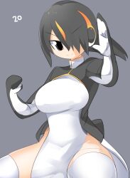Rule 34 | 1girl, adapted costume, black hair, black shirt, breasts, brown eyes, china dress, chinese clothes, closed mouth, commentary request, cowboy shot, crop top, dress, emperor penguin (kemono friends), fighting stance, gold trim, grey background, hair between eyes, hair over one eye, headphones, highres, kemono friends, large breasts, lets0020, long bangs, looking at viewer, multicolored hair, numbered, orange hair, pelvic curtain, shirt, short hair, simple background, smile, solo, streaked hair, thighhighs, v-shaped eyebrows, white dress, white thighhighs