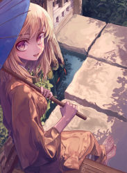 Rule 34 | 1girl, absurdres, barefoot, blonde hair, feet, female focus, from behind, highres, japanese clothes, kimono, looking back, maronmokaet, open mouth, original, parasol, sitting, solo, toes, umbrella