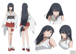 Rule 34 | 1girl, aiguillette, artist request, black hair, braid, breasts, commentary request, copyright name, detached sleeves, epaulettes, footwear request, from behind, fusou (kancolle), kantai collection, large breasts, long hair, low-tied long hair, multiple views, no hair ornament, nontraditional miko, obi, official art, okobo, red eyes, sandals, sash, socks, tabi, thigh strap, white background, white socks, wide sleeves