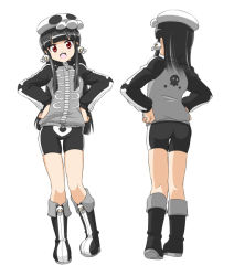 Rule 34 | 1girl, bike shorts, black hair, dokurohime, flat chest, from behind, hands on own hips, imoto katsuyuki, jacket, long hair, looking at viewer, multiple views, open mouth, original, red eyes, simple background, smile, track jacket, turnaround, white background