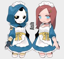 Rule 34 | 2girls, alternate costume, android, animification, apex legends, ash (titanfall 2), ashleigh reid, black sclera, blue dress, blue eyes, breasts, brown hair, character name, cleavage, colored sclera, dress, dual persona, enmaided, grey background, highres, hood, hood up, looking at viewer, maid, maid headdress, medium breasts, multiple girls, nagoooon 114, simulacrum (titanfall), thighhighs, white legwear, yellow eyes