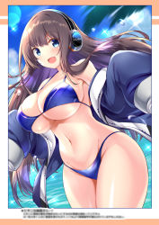Rule 34 | 1girl, alternate costume, azur lane, bikini, blue bikini, blue eyes, blue jacket, blurry, blurry background, breasts, brown hair, comiket 99, curvy, headphones, highres, jacket, kamishiro (rsg10679), large breasts, long hair, long island (azur lane), looking at viewer, navel, open clothes, open jacket, palm tree, sleeves past fingers, sleeves past wrists, solo, swimsuit, tree, very long hair, very long sleeves, water